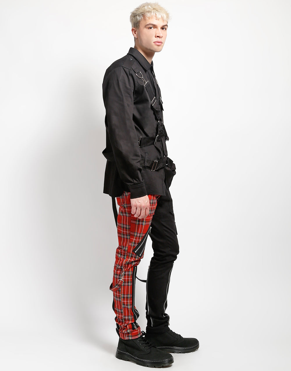 SPLIT LEG BONDAGE PANT BLK RED PLAID