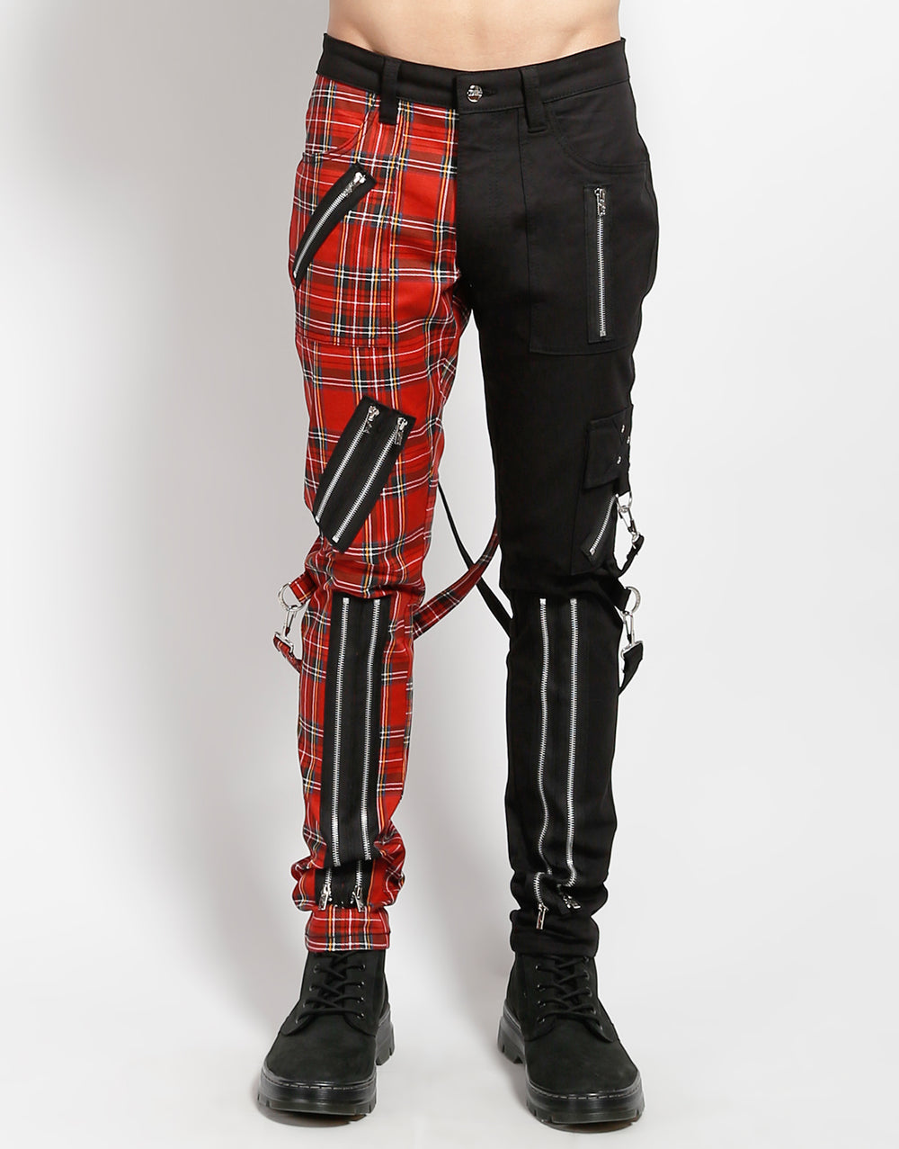 SPLIT LEG BONDAGE PANT BLK RED PLAID