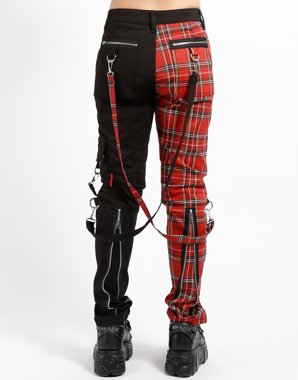 SPLIT LEG BONDAGE PANT BLK RED PLAID