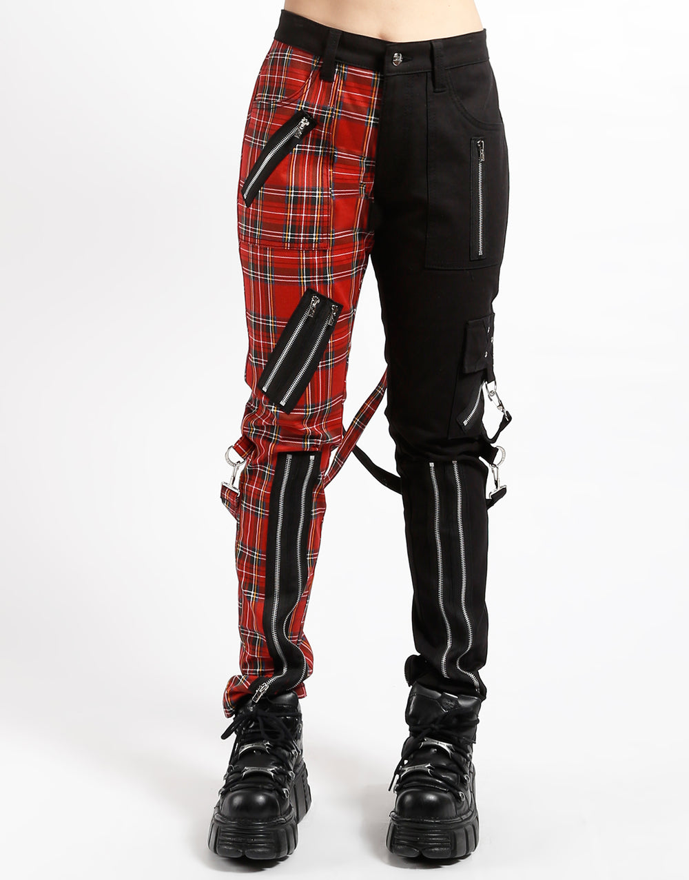 SPLIT LEG BONDAGE PANT BLK RED PLAID