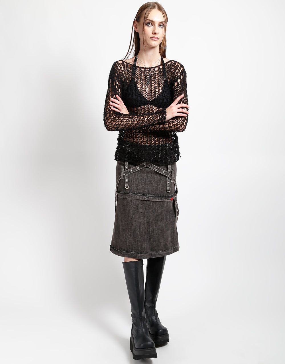 TRIPLE ZIP OFF SKIRT BLACK DENIM
