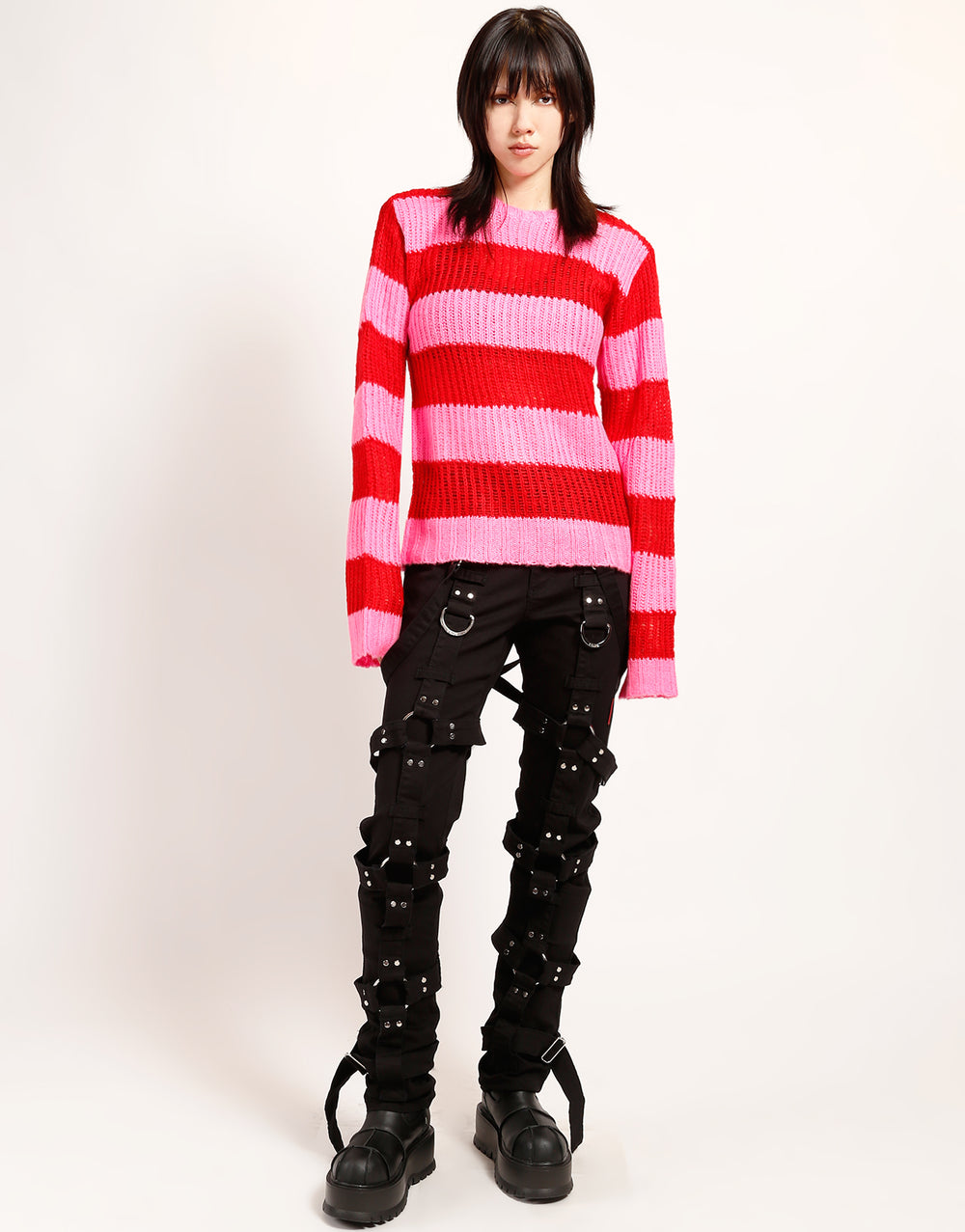 OPEN STRIPE SWEATER PINK/RED