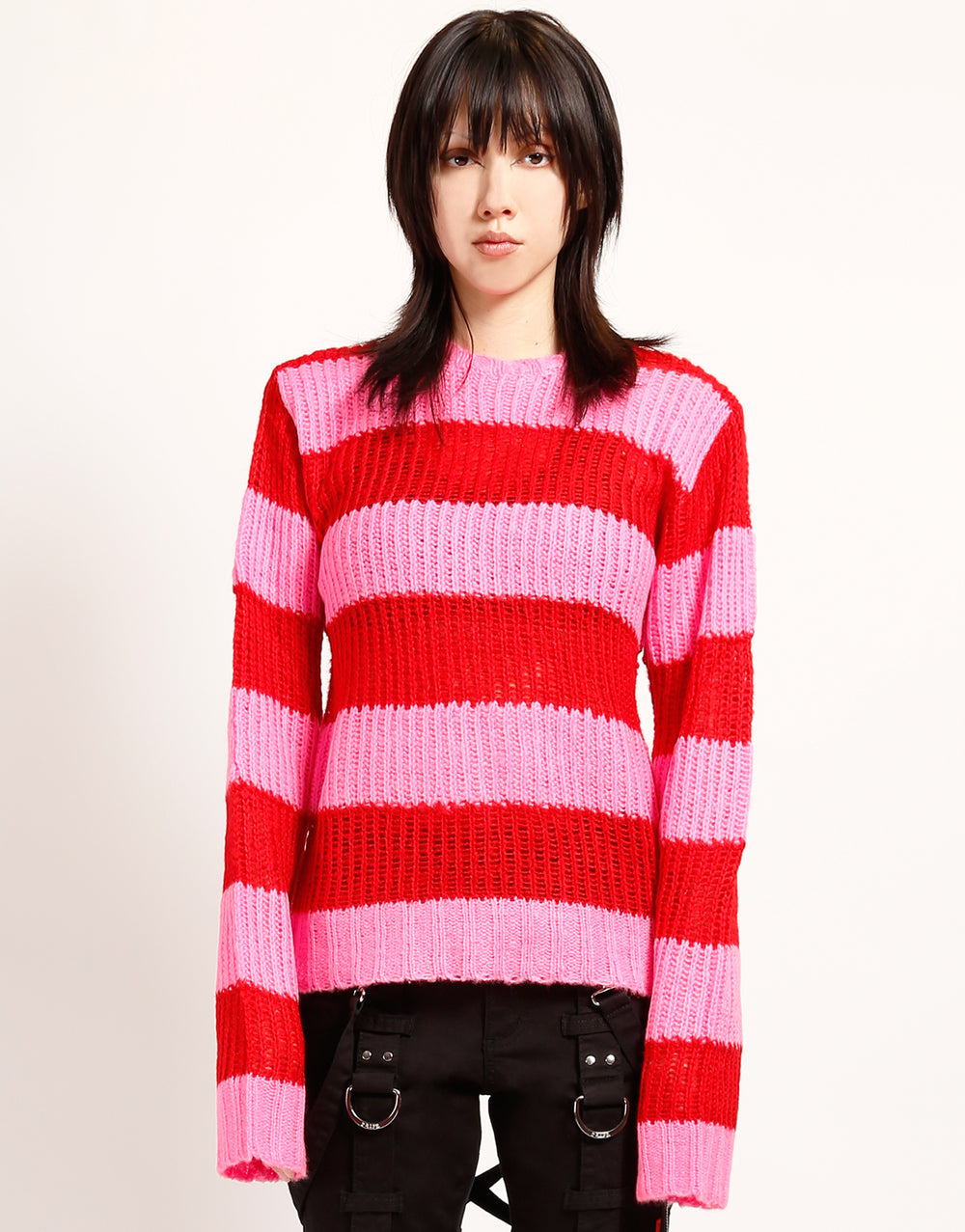 OPEN STRIPE SWEATER PINK/RED