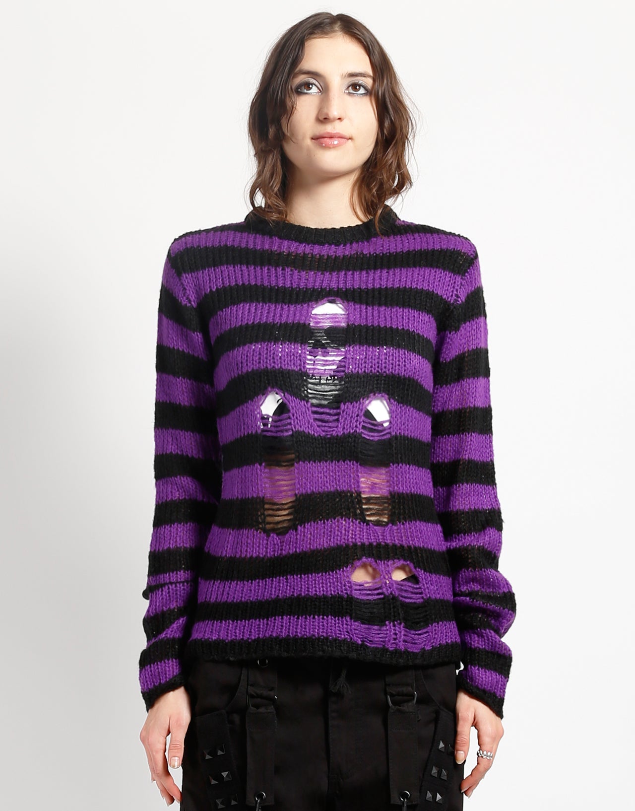 purple and black striped sweater dress Punk Gothic Unisex distressed knit dress - Plus Size, Striped, Hollow Out, Broken Jumper, Loose Fit, Rock Style, Thin Sweter