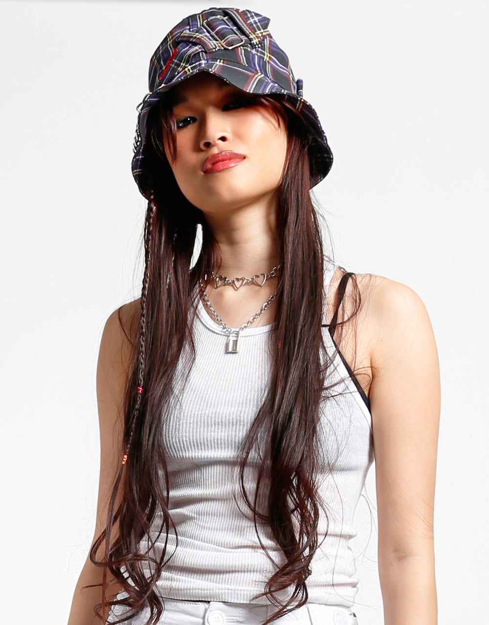 BONDAGE BUCKET HAT PURPLE PLAID