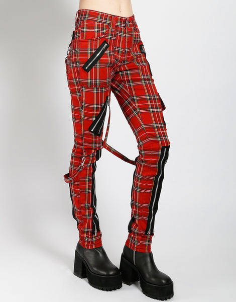Red Plaid Track Pants with No Stripes & Embroidered 'KASH' on Thigh 