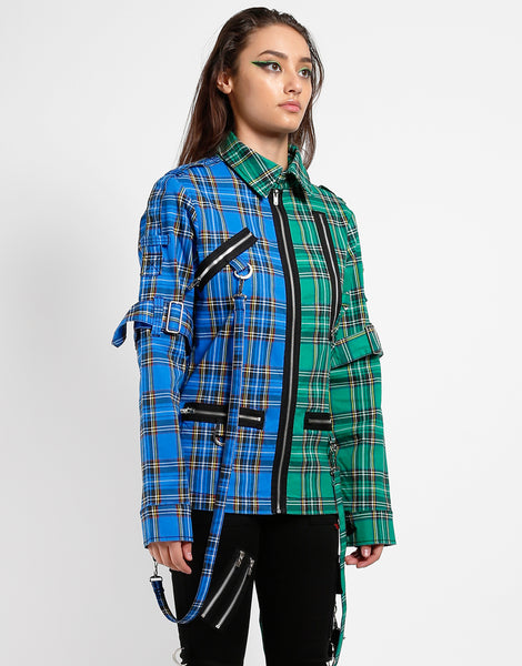 TRIPP NYC SPLIT PUNK JACKET BLUE GREEN PLAID