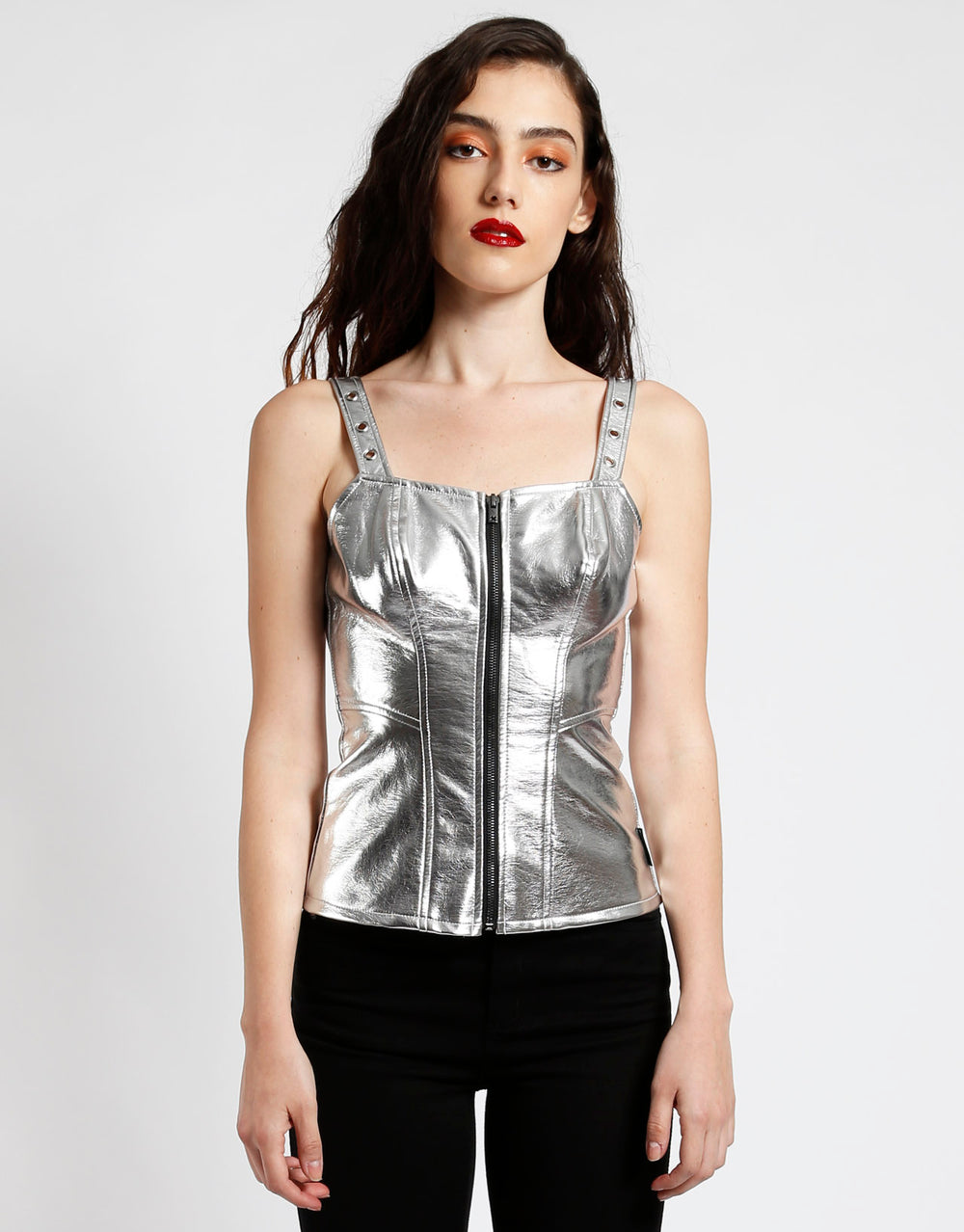 METALLIC FAUX LEATHER ZIP CORSET