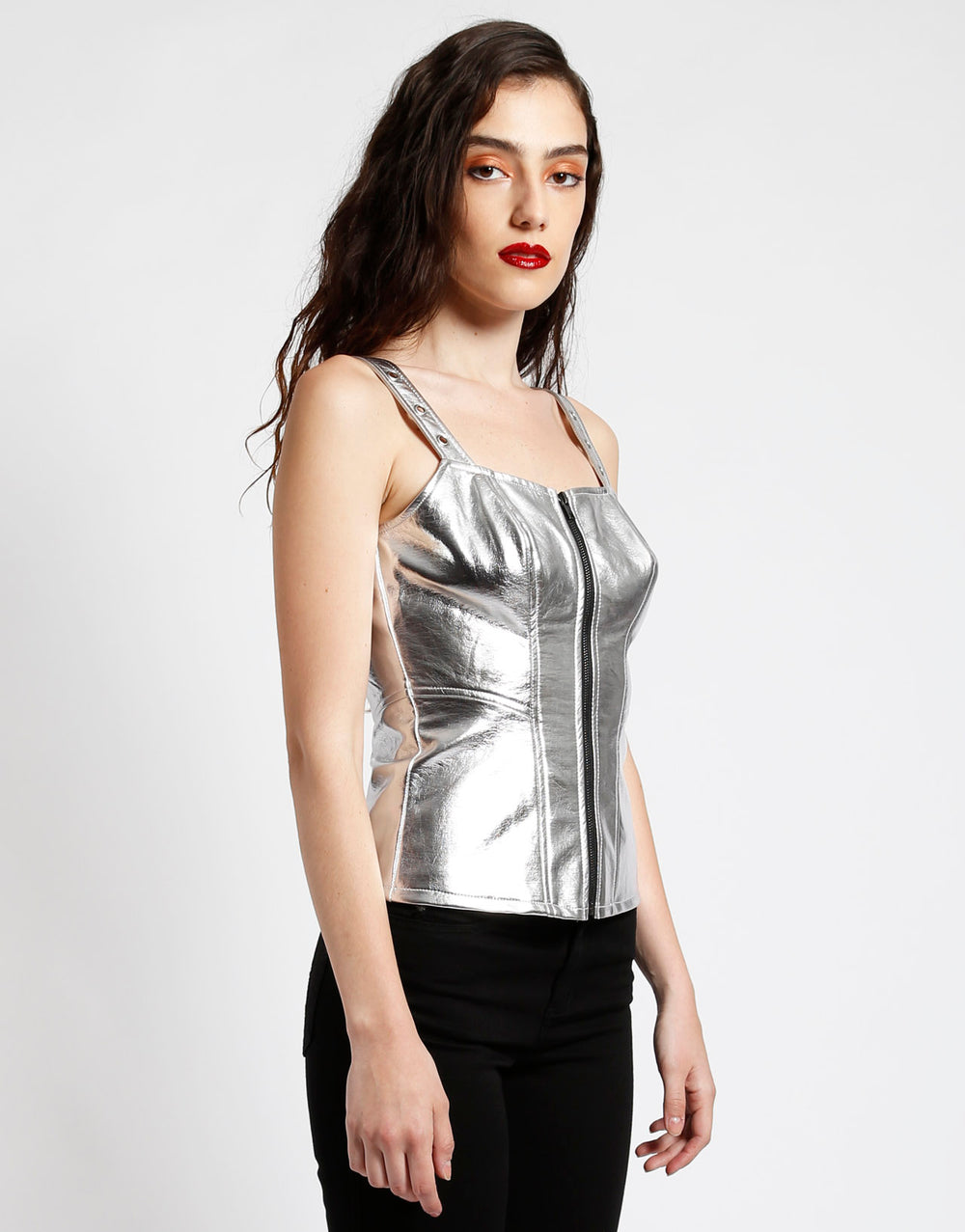 METALLIC FAUX LEATHER ZIP CORSET