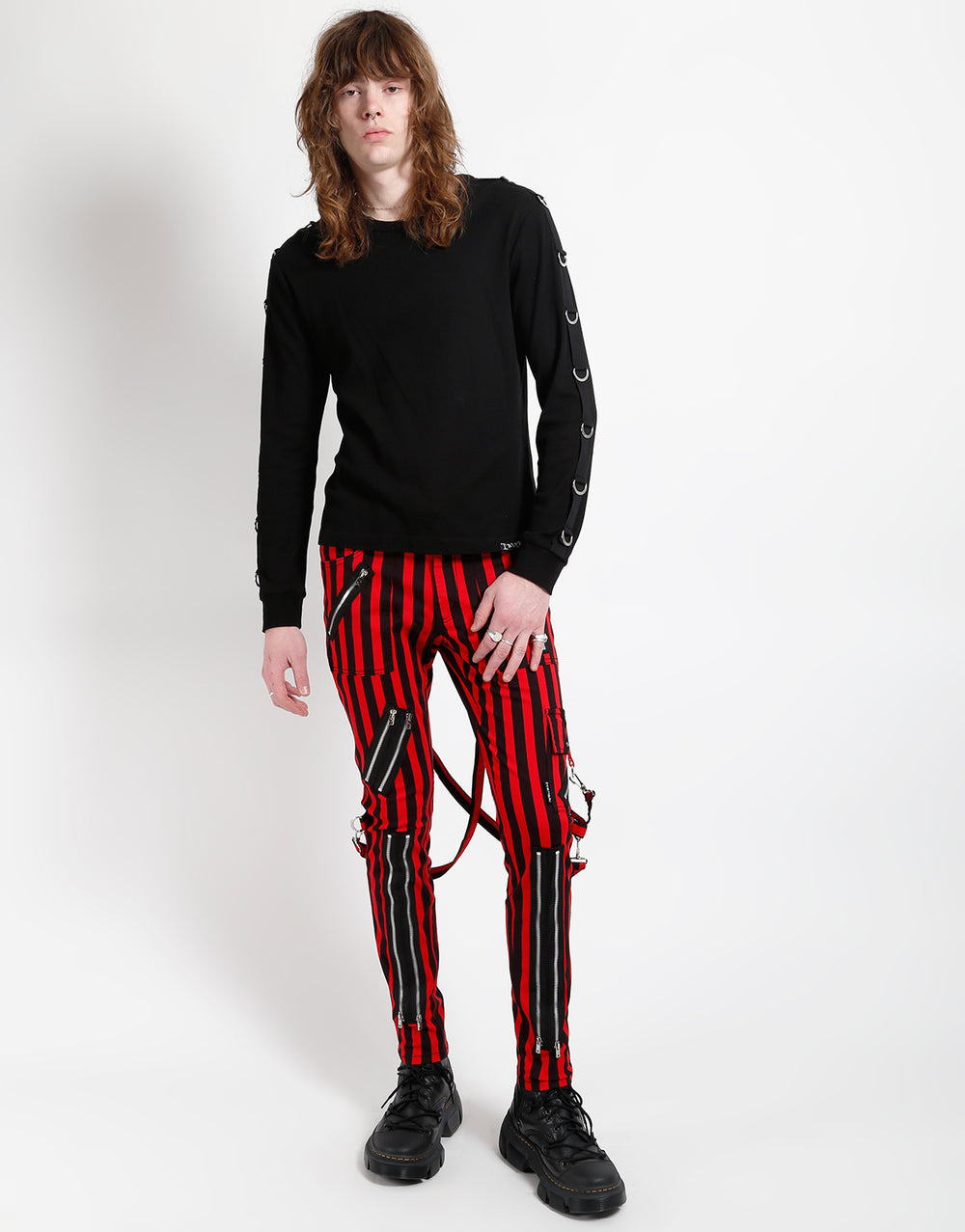 CLASSIC SLIM LEG BONDAGE PANT MEDIUM BLK RED STRIPE