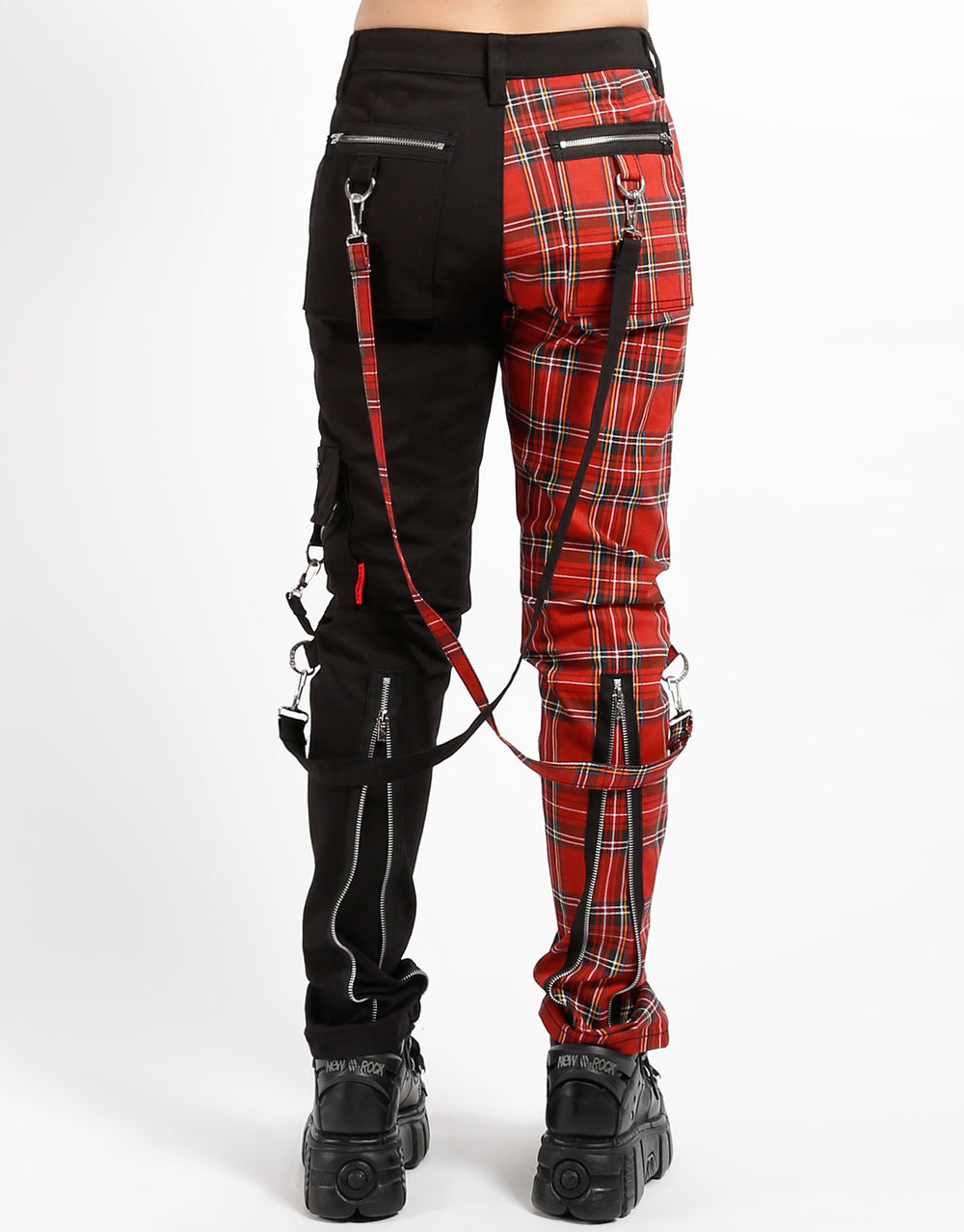 Red Plaid Punk Tartan Zipper Strap Pant Trousers