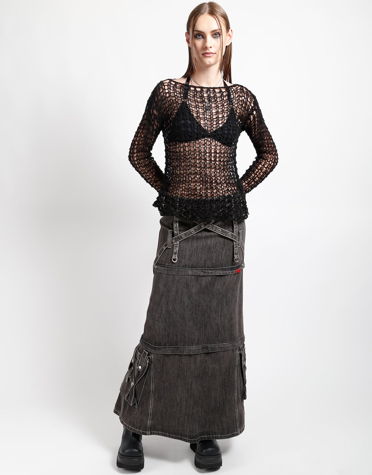 TRIPLE ZIP OFF SKIRT BLACK DENIM