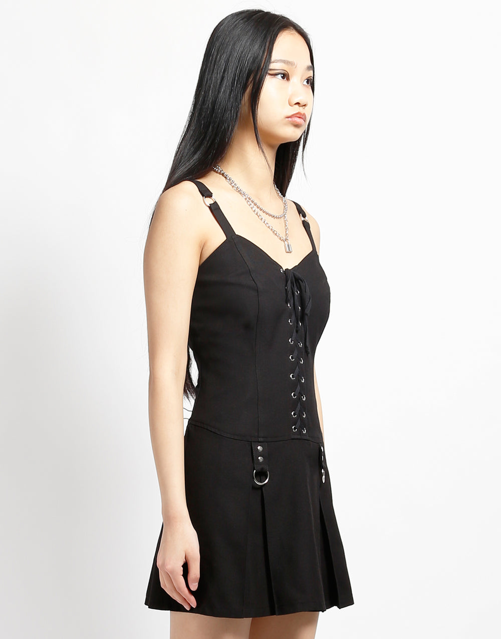 PLEATED LACE UP DRESS BLACK