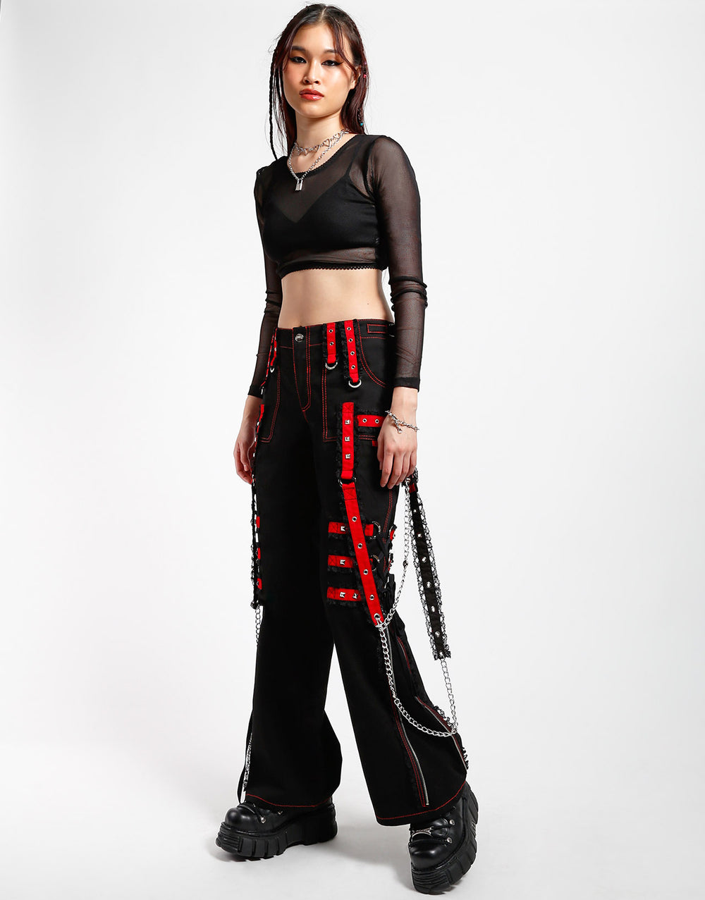 Black Studded Step Chain Pants with White Stitching