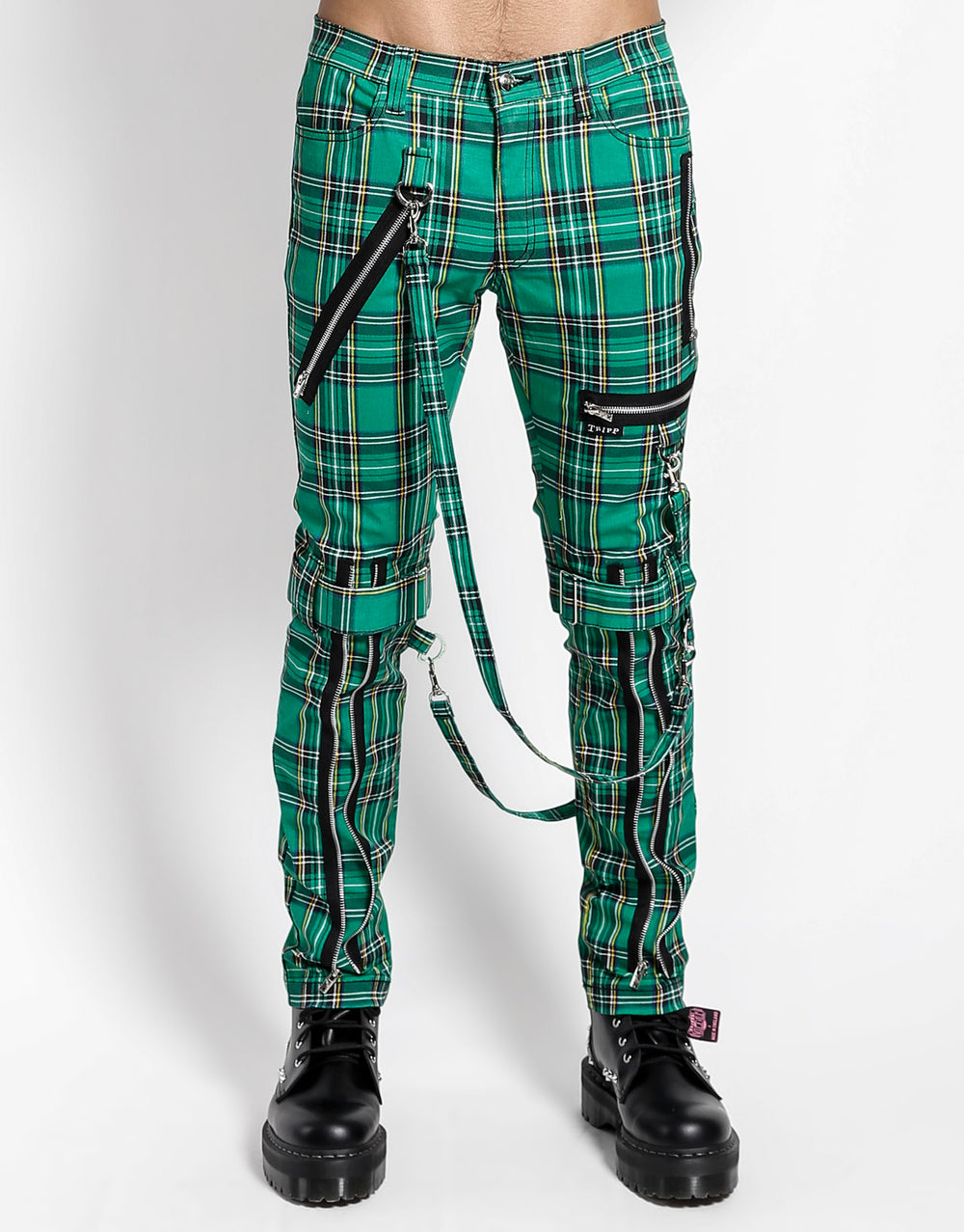 Black & Green Plaid Split Chain Pants