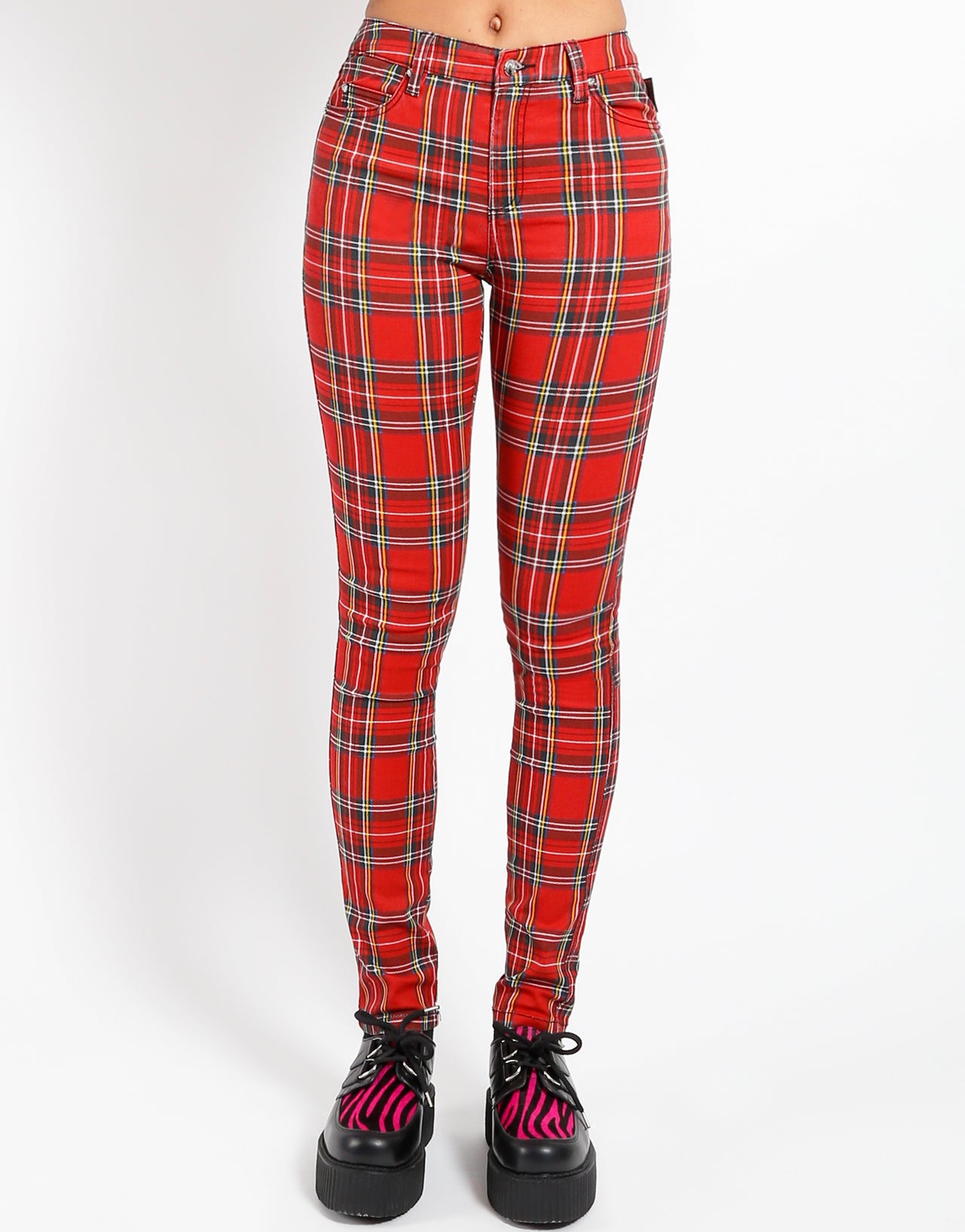 TRIPP NYC - HIGH WAIST T-BACK JEAN RED PLAID